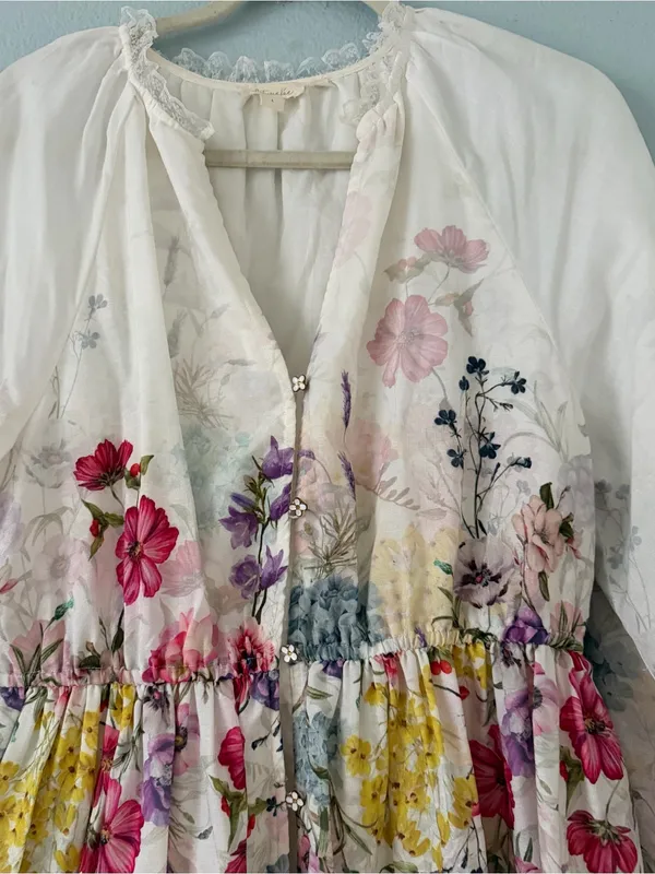 White Floral Midi Dress with Lace Trimmings & Flower Buttons - Image 7