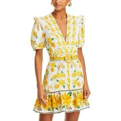 FARM Rio Azaleia Mini Dress M Yellow Floral Cotton Puff Sleeve V-Neck Missing Be - Image 2
