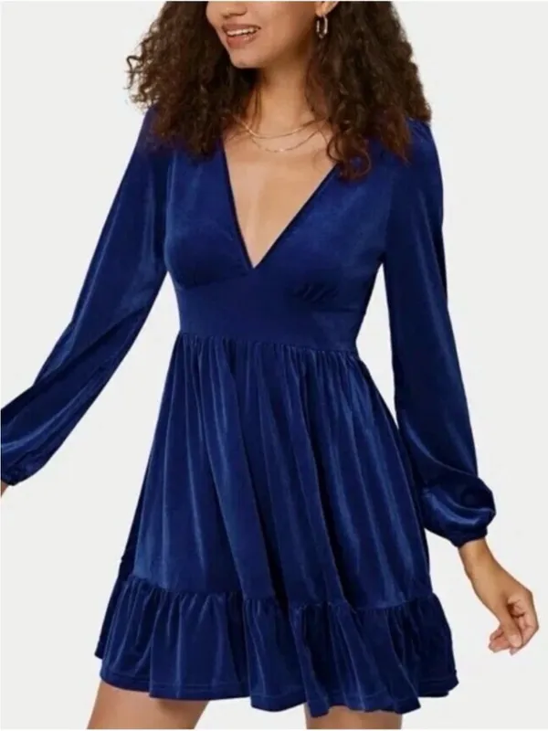 Halara Royal Blue Velvet Deep V Neck Long Sleeve Ruffle Hem Dress Size Small NEW - Image 4