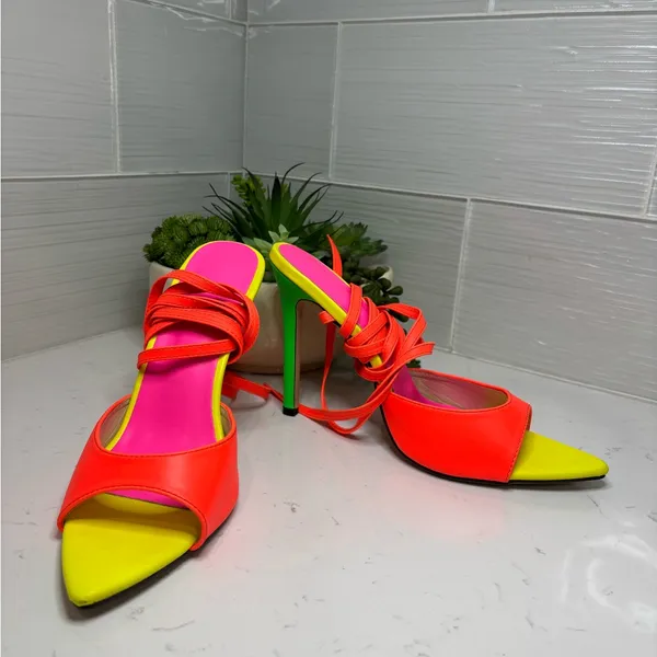 Neon Color Block Lace-Up Stiletto Heels Vibrant Party Sandals Size 42 - Image 4
