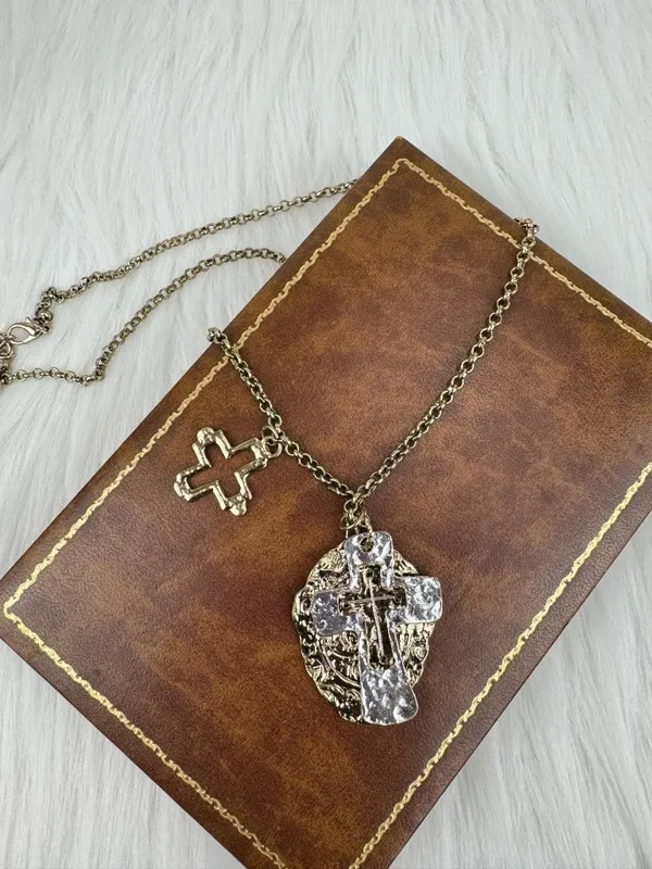 Long Gold Tone Cross Statement Pendant Necklace Double Cross Charm - Image 2
