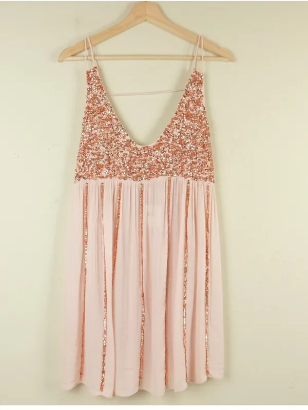 $118 Free People glitter girl slip dress in neutral rose gold, S - Image 6