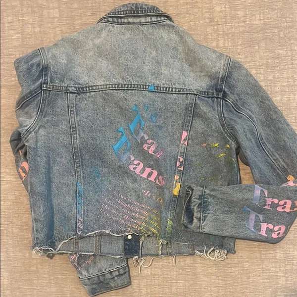 Blue and Pink Cropped Jean Jacket with Decorative Sleeves - Image 7