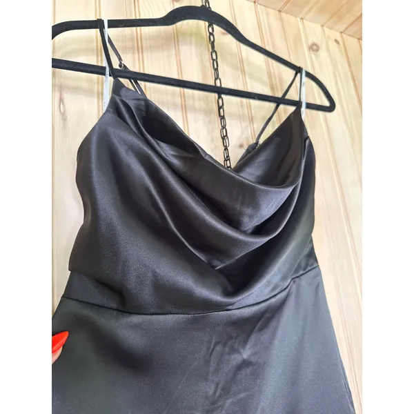 NWT Lulus Luxe Reputation Black Satin Sleeveless Cowl Neck Mini Dress Party Sz M - Image 4