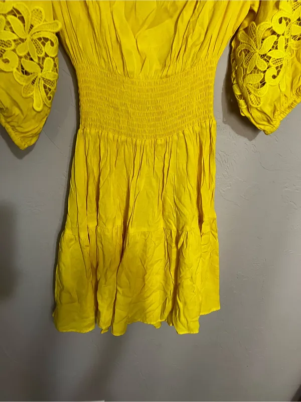 Gianni‎ Bini Yellow Off Shoulder Lace Trim Boho Peasant Spanish Vaca Mini Dress - Image 9