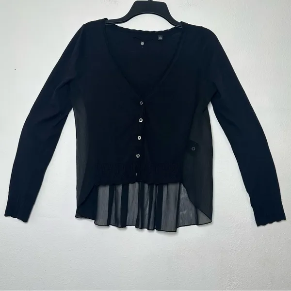 Knitted And Knotted By Anthropologie Elegant Black V-Neck Ruffle Cardigan Size S - Image 2