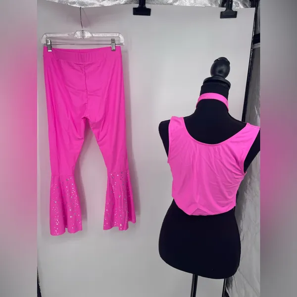Hot Pink Outfit Set Crop Top‎ Bell Bottoms Star Accents Party Costume - Image 4