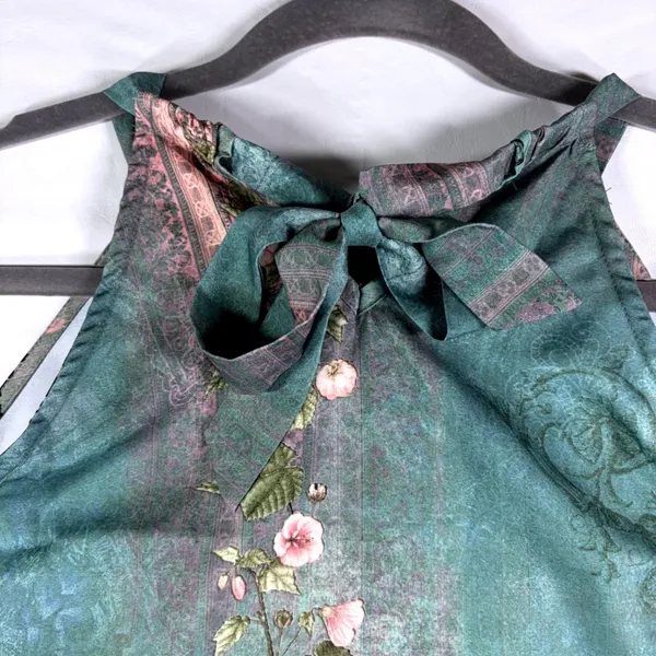 Womens Teal Floral Halter Neck Bow Back Sleeveless‎ Blouse Top Small - Image 6
