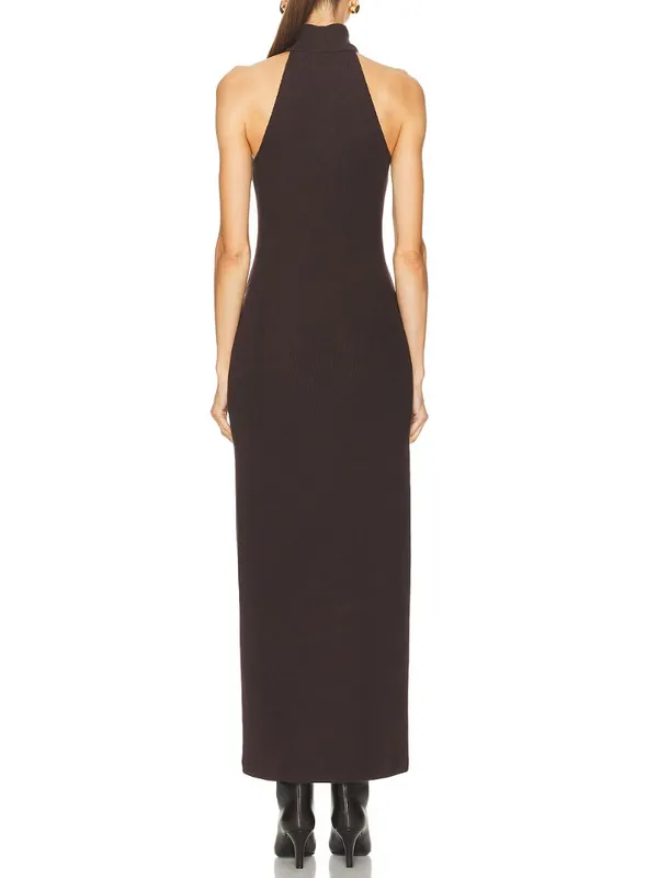 Enza Costa Knit Halter Turtleneck Fluid Brown Maxi Dress NWT Size Medium - Image 2