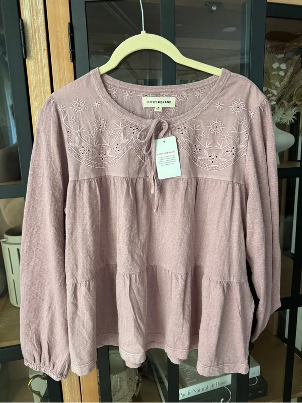 NWT Lucky Brand embroidered babydoll blouse top lavender tie front long sleeve - Image 5