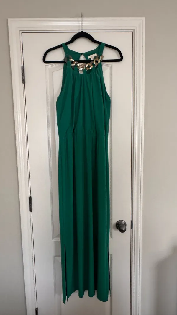 Prelude Emerald Green Maxi Dress with Gold Chain Neckline - Image 2