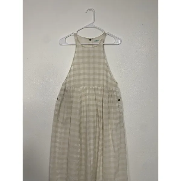 KIMCHI BLUE Size S Gingham White Beige Plaid Linen Cotton Pinafore Dress Snaps - Image 7