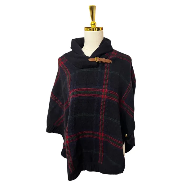Lauren Ralph Lauren Petite Plaid Wool Blend Poncho Toggle Neck Navy Red XS/S - Image 2