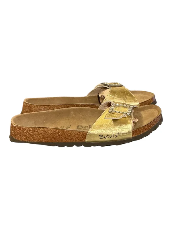 NWOT Betula by Birkenstock Metallic Gold Crystal Buckle Cork Slides Size 39 / 8 - Image 4