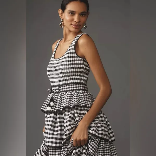 Hunter Bell Andrea Dress Black White Gingham Tiered Midi Size 6 NWT - Image 9