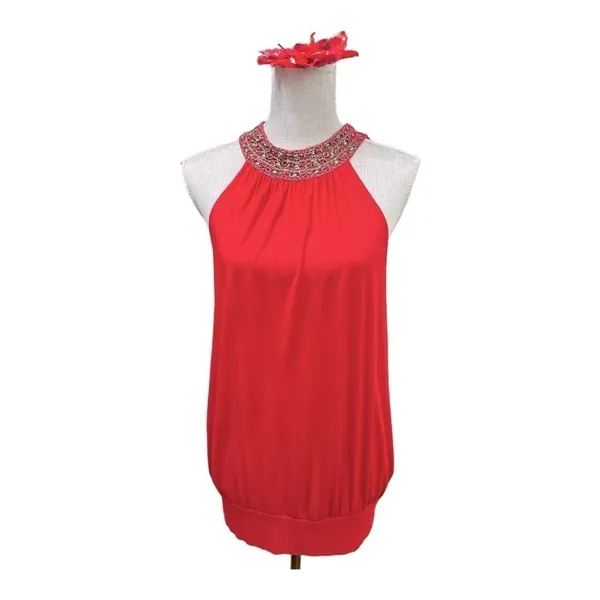 Forever 21 Halter NeckSleeveless Shirt Lg Red Top Blouse Dressy Embellished - Image 2