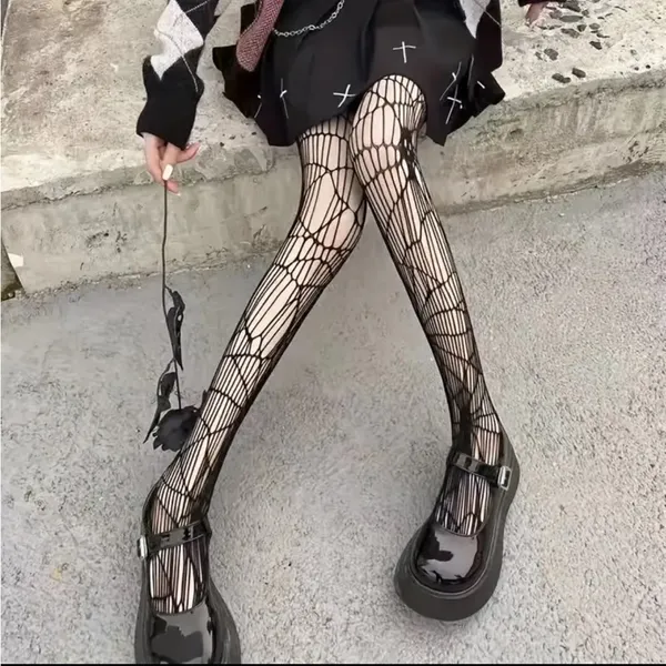 Black Gothic Skull Pattern Fishnet Tights Sexy Hollow Out Mesh Pantyhose OneSize - Image 10