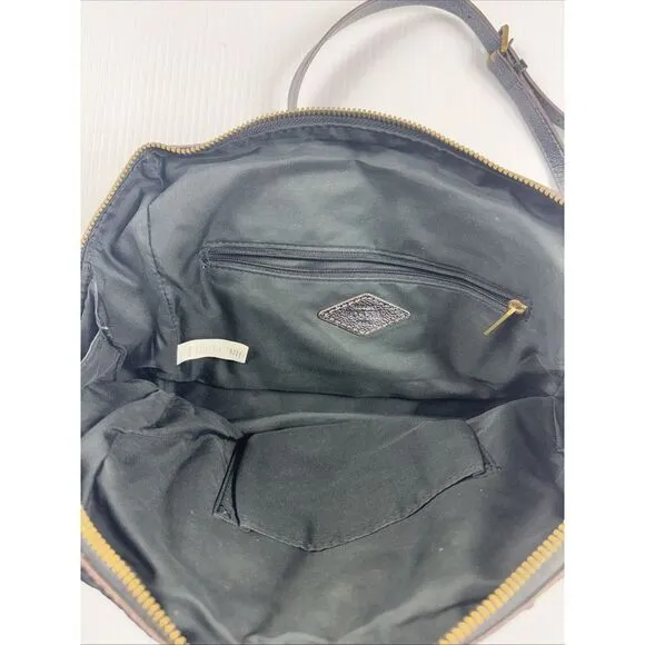 FOSSIL Black Leather Shoulder Bag Purse Crossbody Handbag Wide Zipped‎ Opening - Image 4