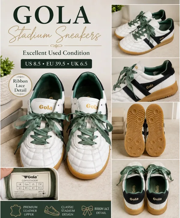Gola Stadium Sneakers Women 8.5 White Black Green Ribbon Lace Leather Gum Sole - Image 3