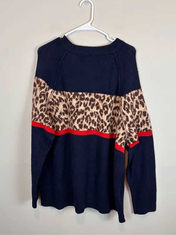 Aerie Navy Leopard Print Colorblock Sweater Crewneck Long Sleeve Pullover Large - Image 2