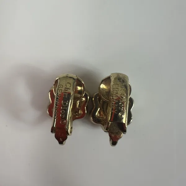 Vintage Christian Dior Gold Tone Rhinestone Flower Clip-On Stud Earrings Germany - Image 5