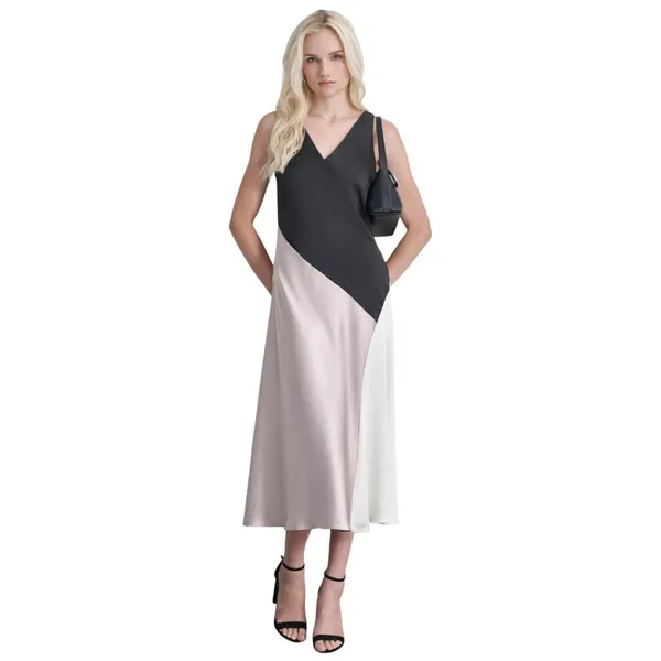 DKNY Womens Satin Colorblocked Slip Dress Black / Cloud / Eggshell 10 - Image 6