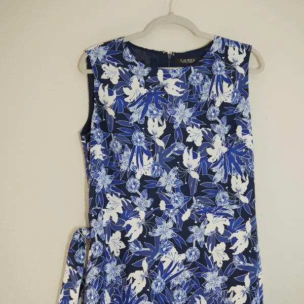 Lauren Ralph Lauren Size 8 Blue Floral Midi Dress Waist Tie Sleeveless Wedding - Image 2
