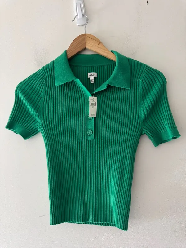 NEW!! Aerie‎ Green Ribbed Cropped Sweater Polo Wool Blend - Image 2