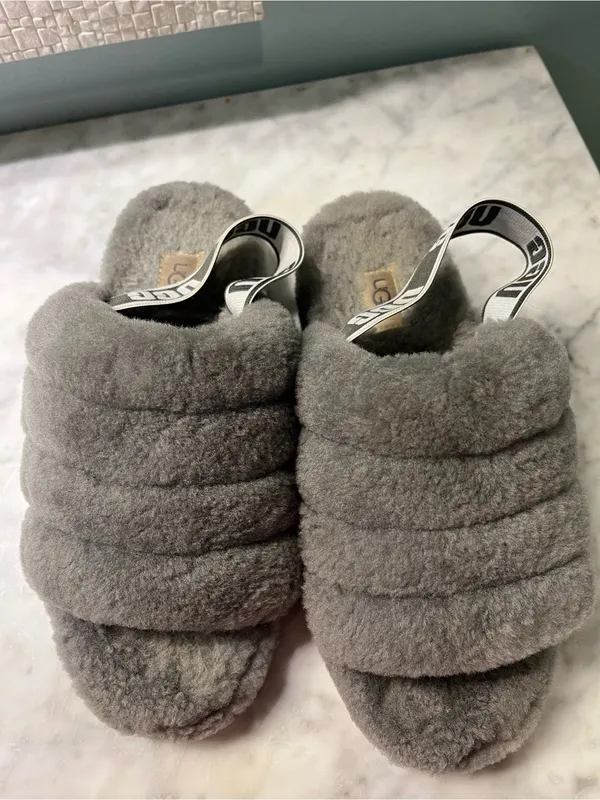 UGG Plush Quilted Gray Fluff Slide with Branded Strap - Image 6