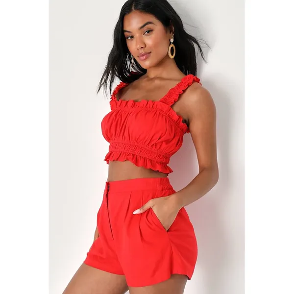 Lulus Hotter Temps Red Linen Ruffled Two-Piece Romper Set NWT Medium - Image 2