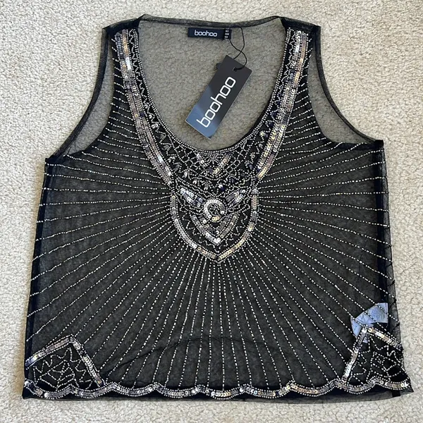 NWT Boohoo Claudia Embellished Beaded Woven Tank Top in Black Women's Size 12 - Image 2