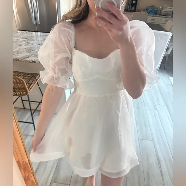 Selfie Leslie White Puff Sleeve Mini Dress Size Large AU 12 - Image 3