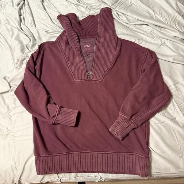 AERIE Maroon Half-Zip Ribbed Funnel Neck Oversized XS Sweatshirt - Image 8