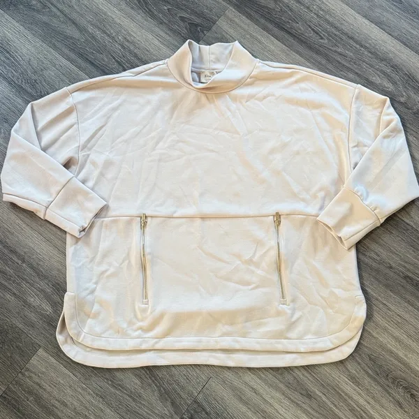 Ellie Tabari Cream Mock Neck Top Oversized Elegant Gold Zip Pullover Sweater - Image 2