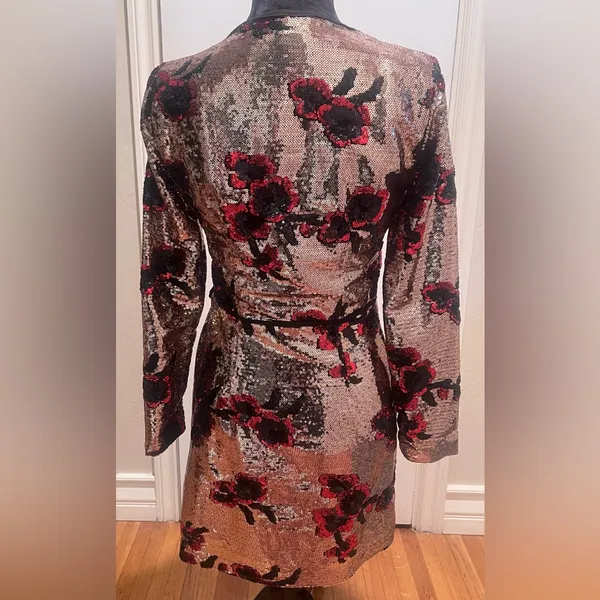 ZARA Gold with Red & Black Floral‎ Sequins Crossover Wrap Mini Dress Size XS - Image 12