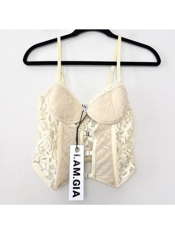 NWT I.AM.GIA Elena Top S Tan Ivory Lace Corset Sheer Crop Burnout Cut Out Velvet - Image 5