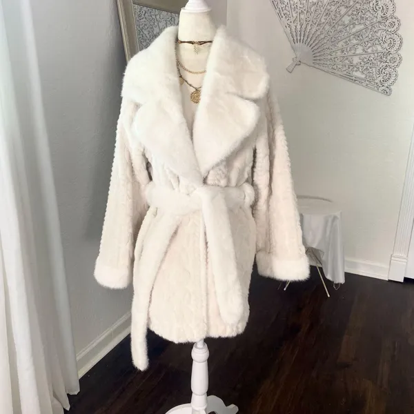 Source Unknown Elegant Old Money Mobwife Ivory White Faux Fur Belted Coat Jacket Size L - Image 2