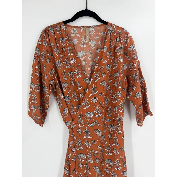 Mata Traders Wrap Dress Womens Large Orange Floral Cotton Boho Cottagecore - Image 4