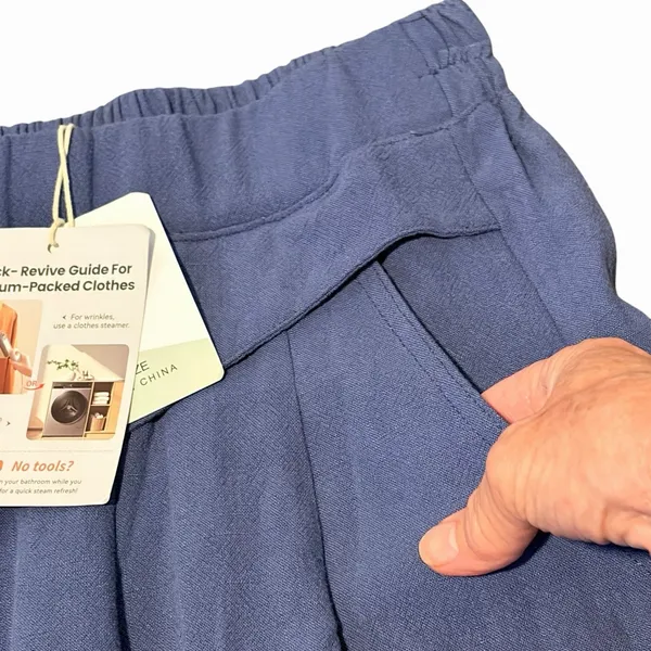 Women's Blue Wide-Leg Crop Pants Size S Cotton Linen Blend Size Small Pockets - Image 5