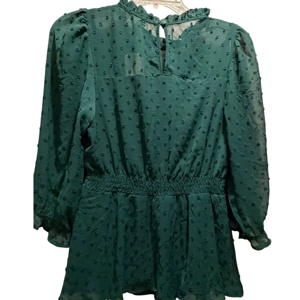 Monteau Los Angeles‎ Swiss Dot Peplum Top Green Ruffle Neck Long Sleeve Small - Image 4