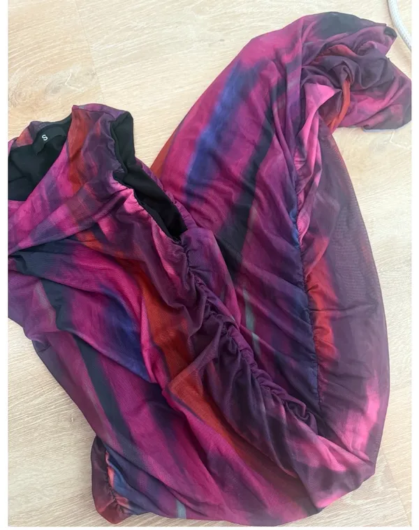 Purple Abstract Ruched Mesh Maxi Dress — Small - Image 5