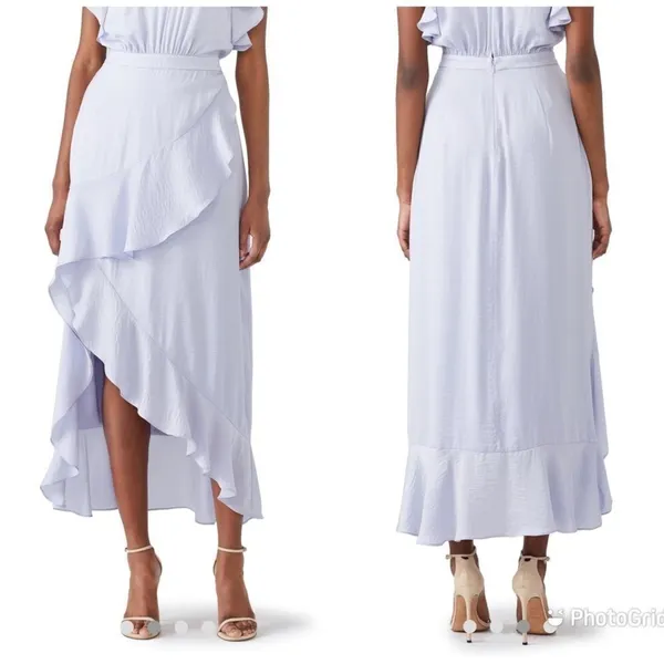 THE JETSET DIARIES‎ Purple Satin Midi Skirt Draped Ruffle Thigh Slit Large New - Image 2