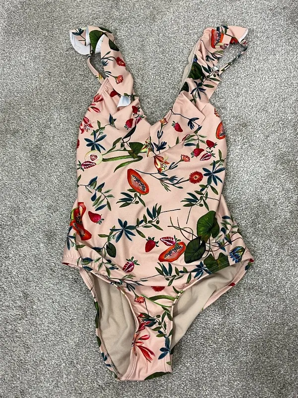 New Free People Medium Pink Peach Floral Ruffle Lace-Up One-Piece Swimsuit - Image 2