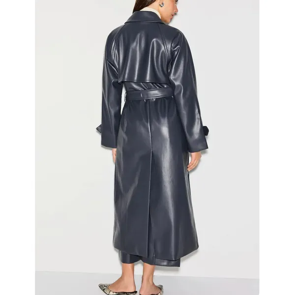 Jason Wu Navy Blue Faux Leather Trench Coat XS Double Breasted Designer $515 - Image 2