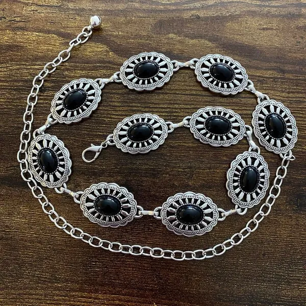 Silver Y2K Black Stone Concho Waist Chain Belt, Fits 24.5-38.5 Inches, X7GA1294 - Image 7