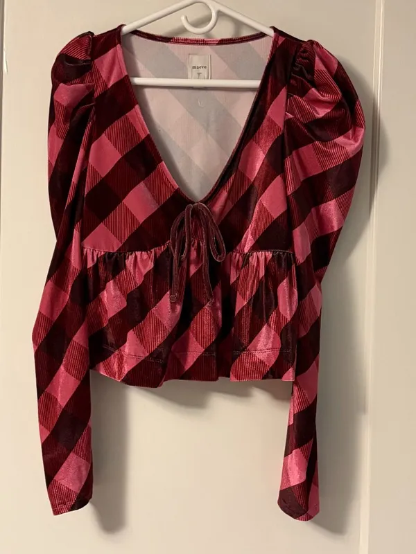Anthropologie Maeve plaid velvet babydoll top puff sleeves size medium boho - Image 3