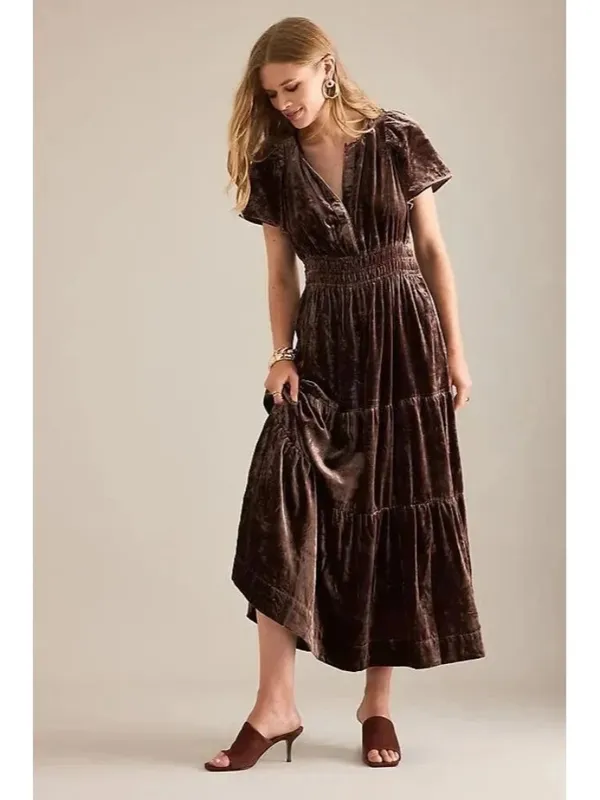 NWT by Anthropologie The Somerset Maxi in Chocolate Brown Velvet Edition Dress L - Image 3