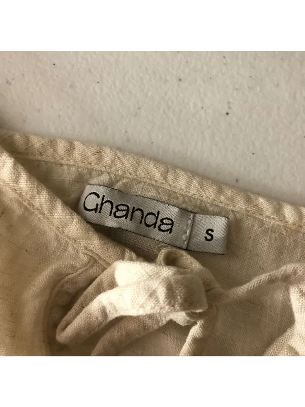 Ghanda Linen Blend Maxi Dress Tie Front V Neck Beige S - Image 3