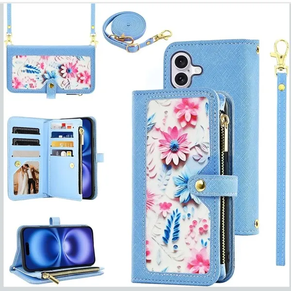 iPhone 16 6.1” Case Wallet Case Floral Wristlet Blue Card Holder Phone FC7 - Image 2