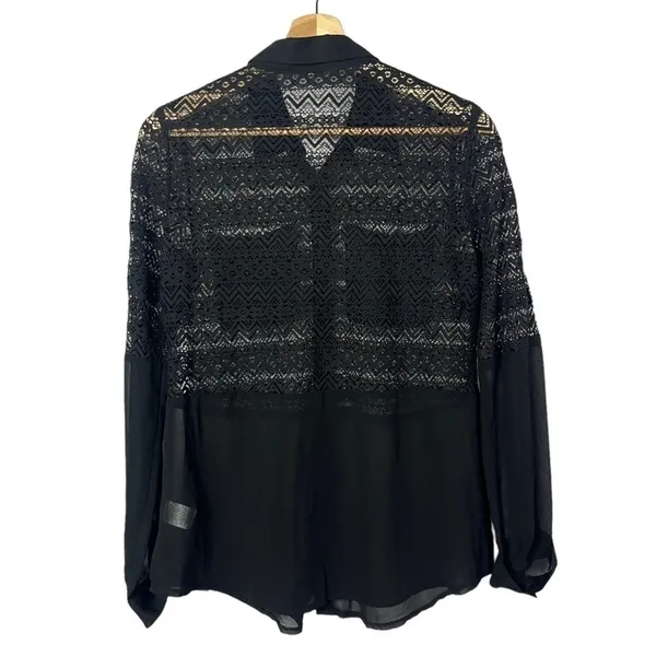 Ya Los Angeles Black Lace Chiffon Long Sleeve Button‎ Down M - Image 2